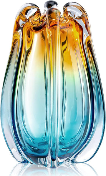 Hand Blown Glass Vase for Flowers, 9.45" Unique Murano Style Art Glass Vase, Fluted Teal Amber Ombre Decorative Vases