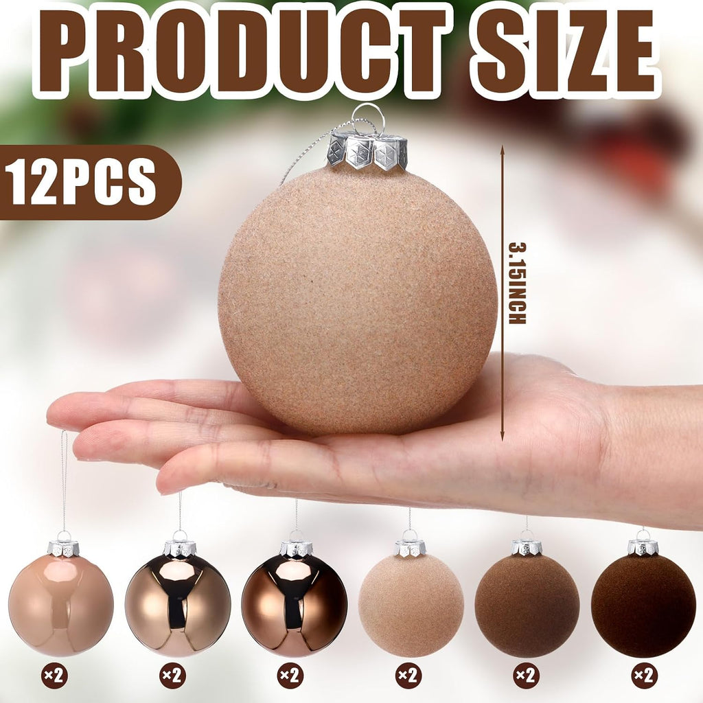 12 Pcs Neutral Christmas Ball Ornaments, 3.15" Velvet and Glass Set