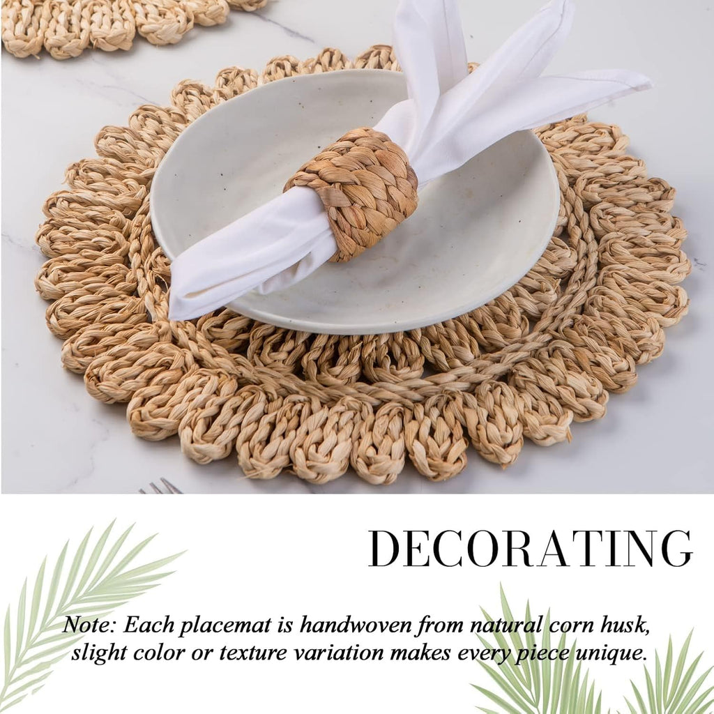 13.8" Set of 6 Round Woven Corn Husk Placemats by | Protects Tables from Heat & Scratches, Perfect for Everyday