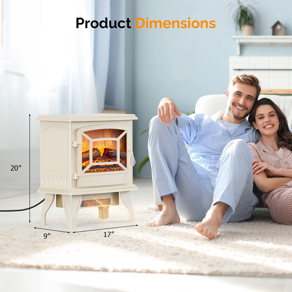 20" H Electric Fireplace Stove Space Heater, 1400W Portable Freestanding with Thermostat, Realistic Flame Logs