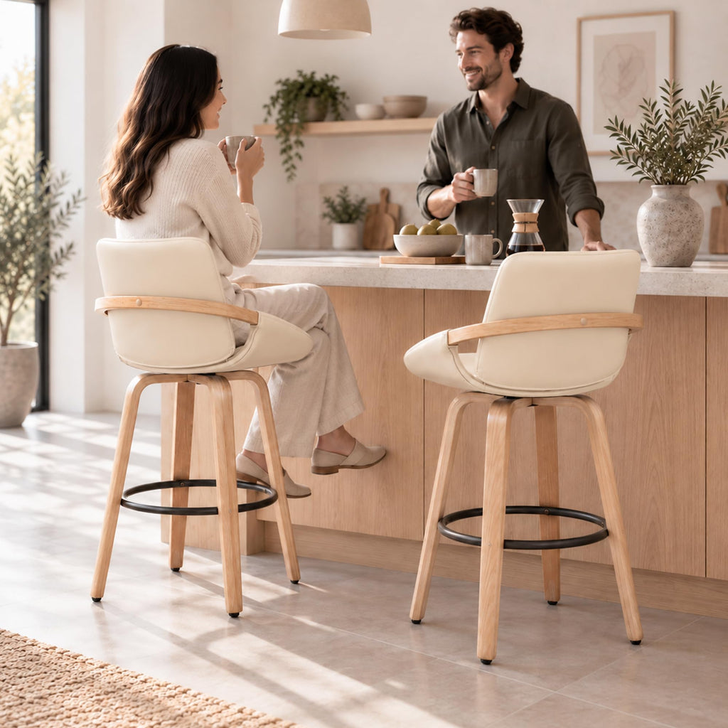 25.2" Swivel Bar Stool with Back Cream White Leather Kitchen Barstool Chair
