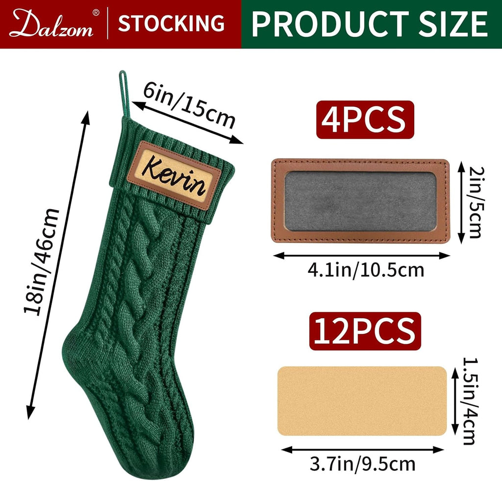 With Leather Patches Name, 18" Premium Large Knitted Christmas Stockings for Kids, Family, Holiday and Fireplace - Set of 4