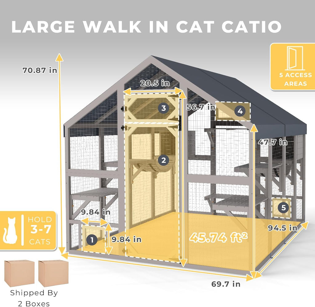 69.7" L Large Catio Outdoor Cat Enclosure, Walk-in Outdoor Cat House with 8 Platforms, 2 Hideouts