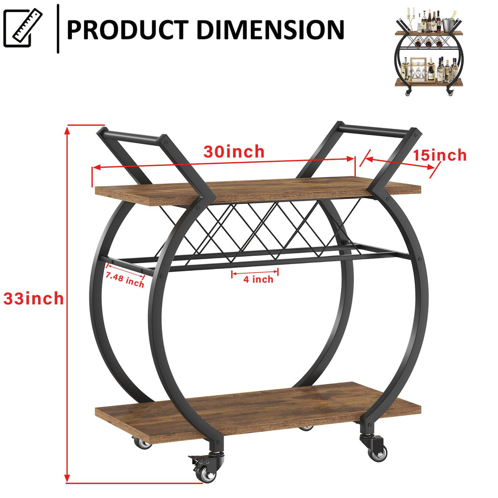 Industrial Bar Cart, Beverage Serving Cart with Wheels, Rustic Brown