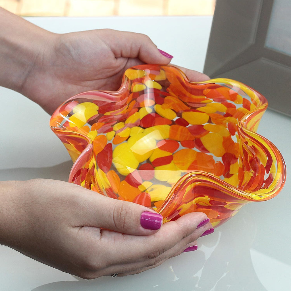 Murano Style Decorative Orange Glass Bowl Confetti Effect Hand Blown Art Glass Crystal, Room Decoration