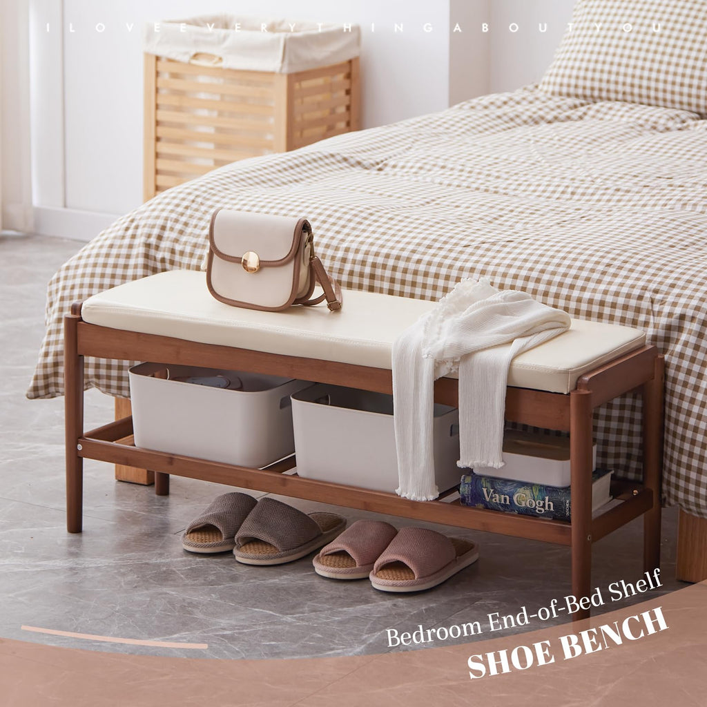 Shoe Rack Bench Entryway Bamboo Shoe Storage Bench with Leather Cushion 2 Tiers Shoe Rack Entryway Bench (Beige Bench