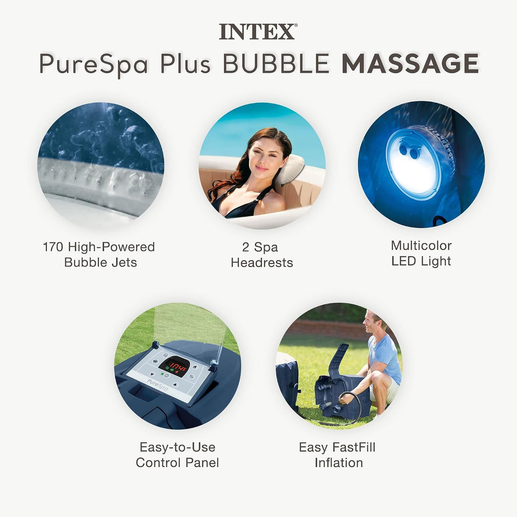 PureSpa 4 Person Inflatable Hot Tub Bundle w/Energy-Efficient Cover | 28429EP Bubble Massage: Built-in Hard Water