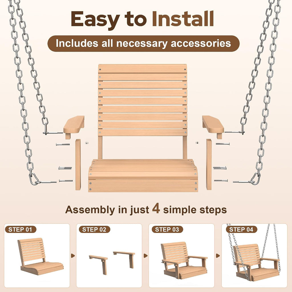 HDPE Single Hanging Porch Swing, 360 LBS Outdoor Swing Chair, Teak | Wood-Look Finish, All-Weather & Fade Resistant