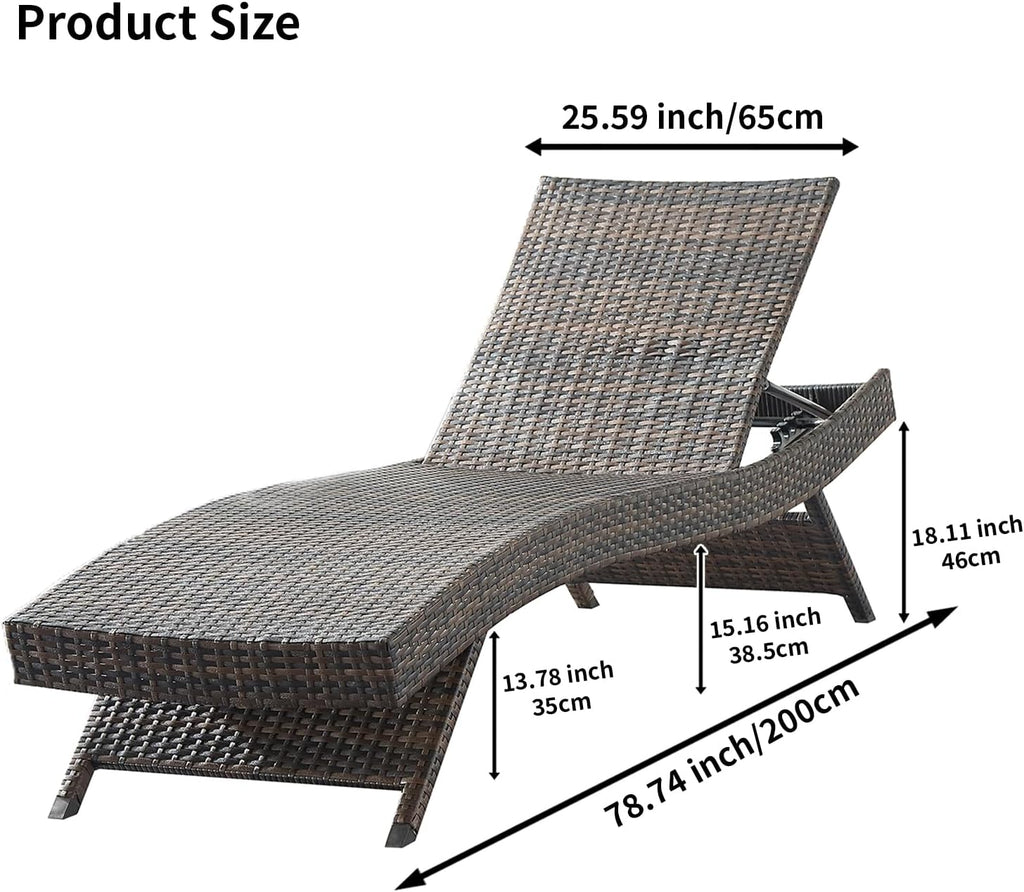 Outdoor Wicker Reclining Lounge Chairs Patio Rattan Chaise Lawn Sunbathing Chairs 79" Long Reclining Chairs, Set of 2
