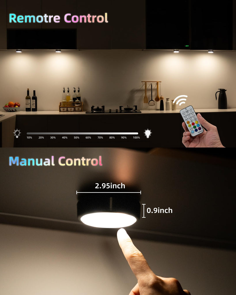 Puck Lights with Remote, 2000mAh Battery Operated Rechargeable Under Cabinet Lighting, 3 Color Temps & 7 RGB Colors