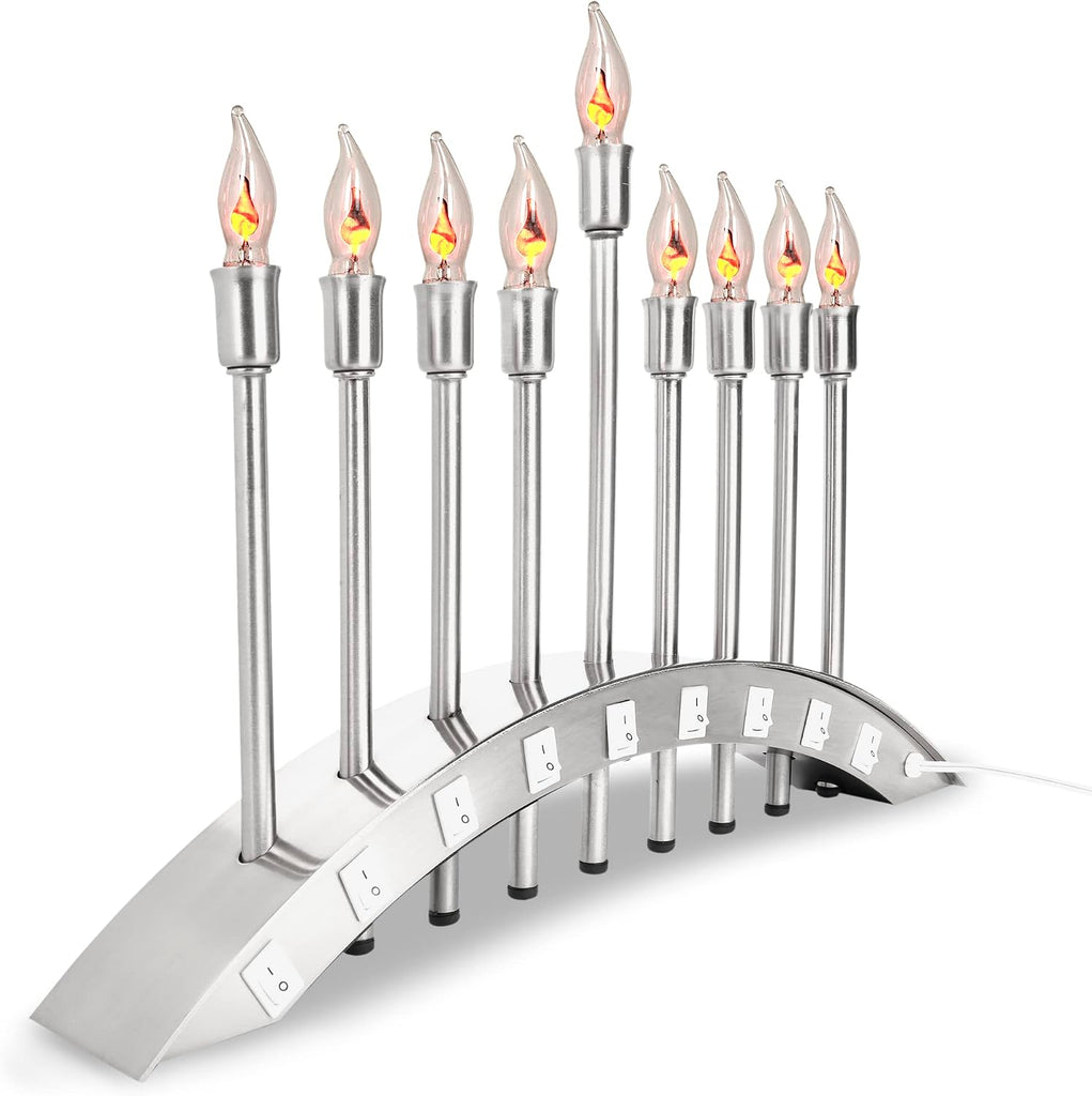 Hanukkah Electric Brushed Stainless Steel with Flickering Flame Bulbs Candles 9 Branch Hanukkiah for Chuanukah