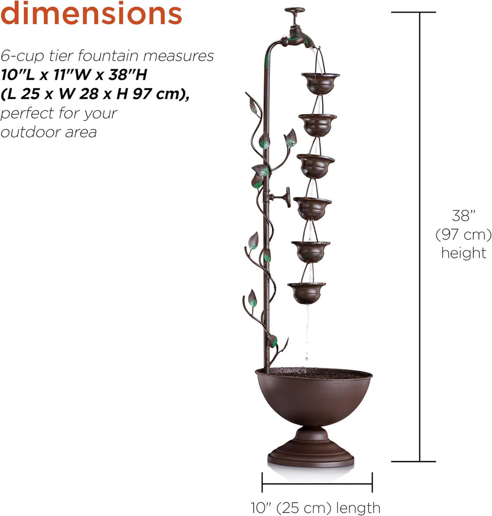 MAZ254 Outdoor Floor Tiered Vintage Water Fountain w/ 6 Hanging Cups, Soothing Tier Waterfall, 38", Bronze