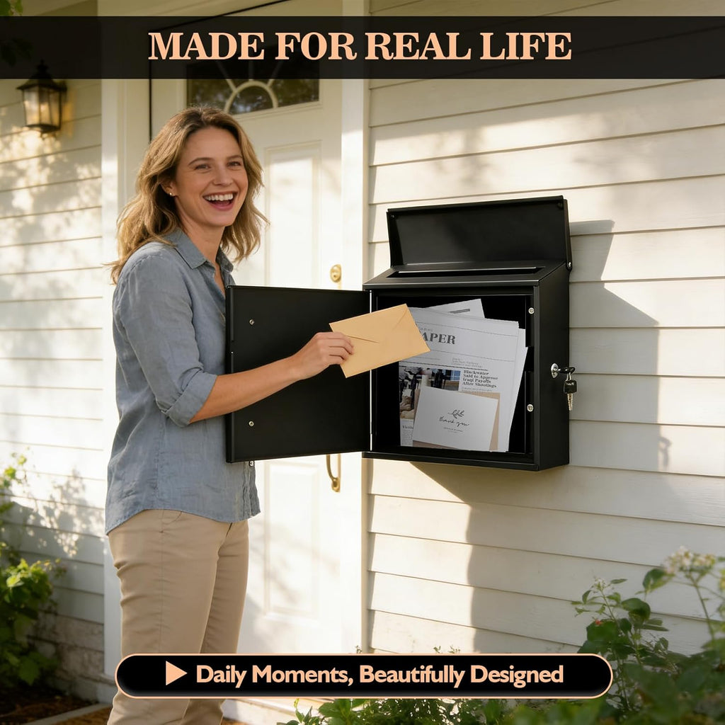 Wall Mounted Mailbox, Modern Metal Galvanized Steel Mailbox 14x13x5inch Large Capacity Mailbox with Lock and Key Drop