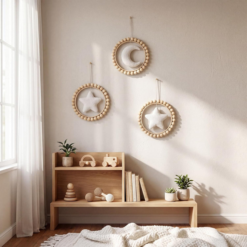 3 Pcs Boho Moon and Stars Wall Decor Nursery Wall Decors Wooden Bead Garland with Felt Centerpieces, Farmhouse Style