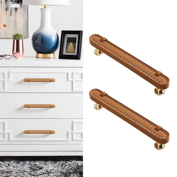 2 Pack Leather Cabinet Handle Pulls 5" Hand-Stitch Brown Leather Drawer Pulls Dresser Handle Pulls for Cabinets