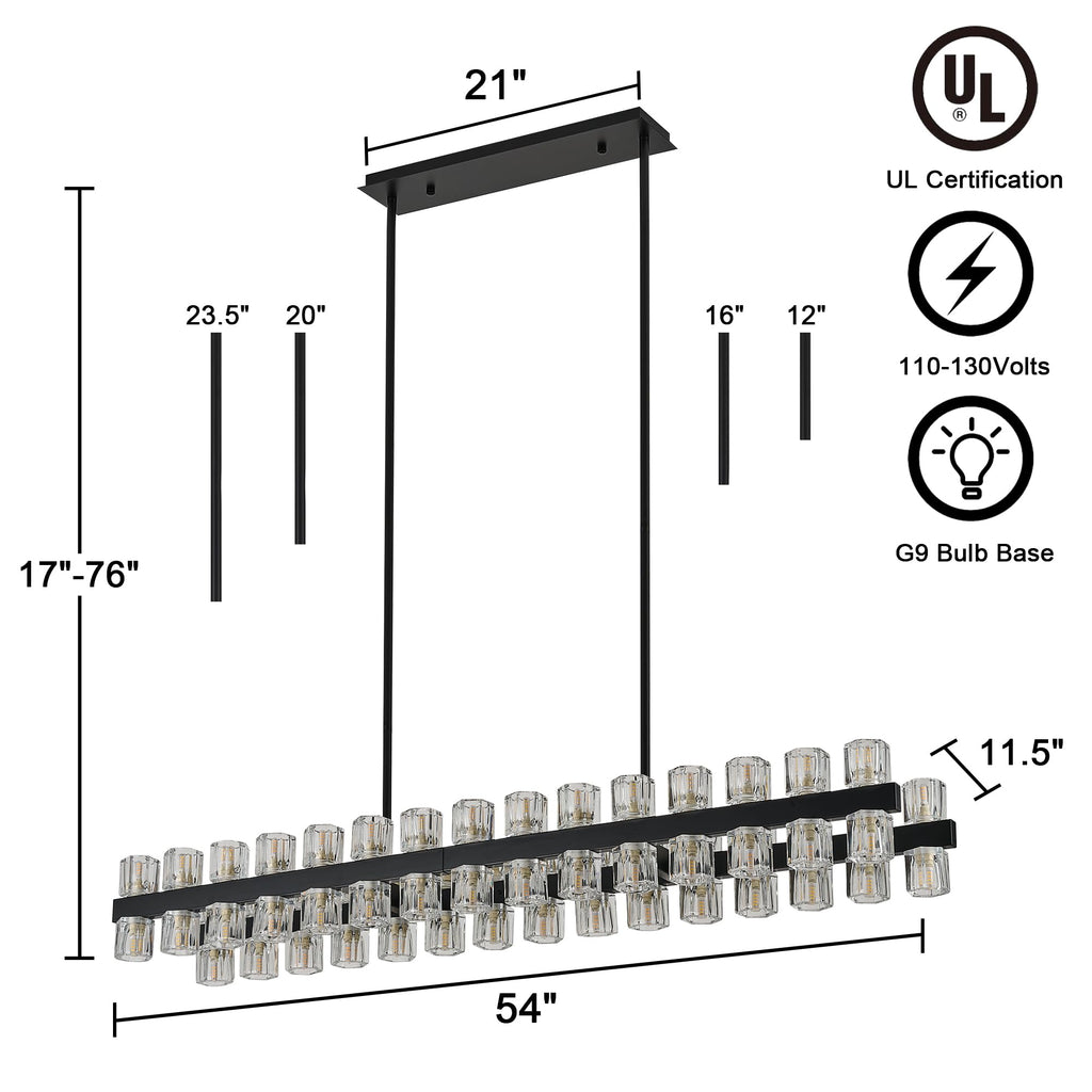 54 Inch Black Crystal Linear Chandelier, Modern Large Rectangle 60-Lights Pendant Lighting Fixture Adjustable Height