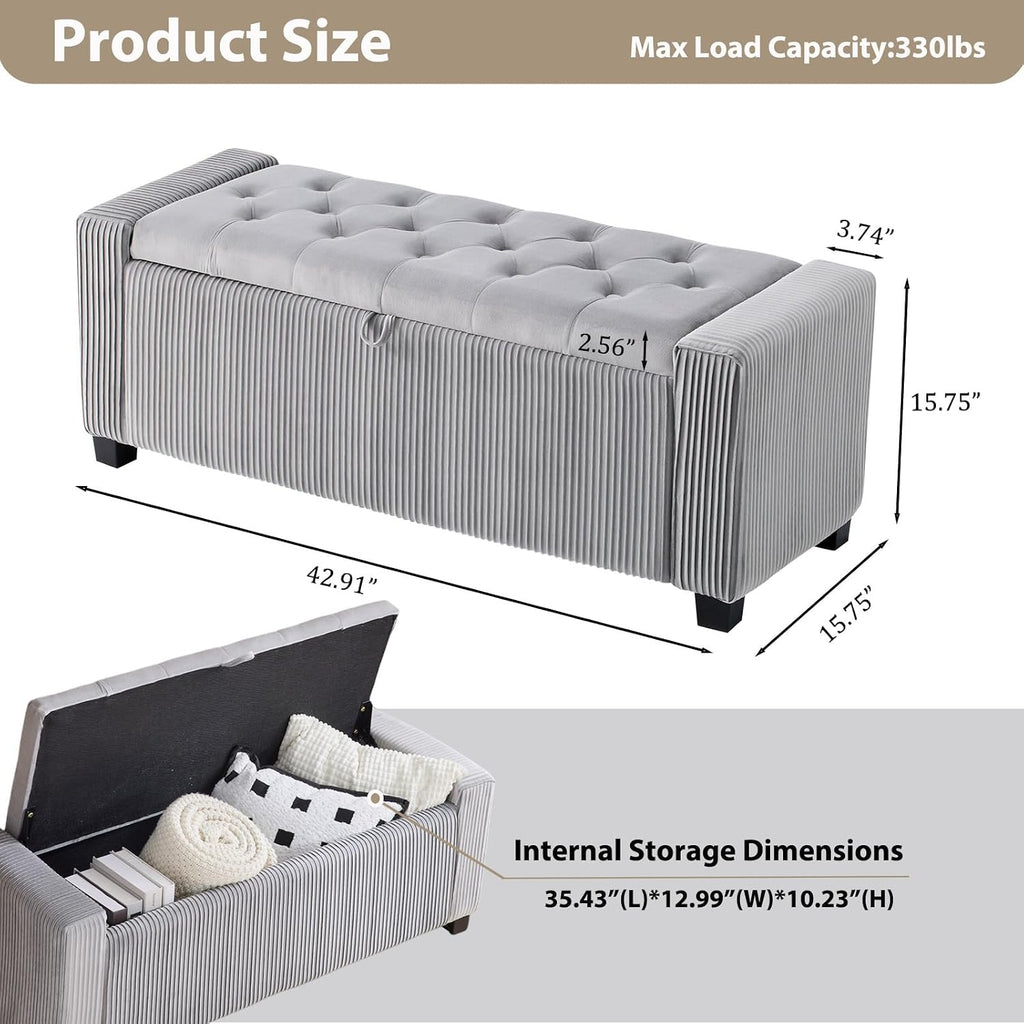 43 Inch Velvet End of Bed Storage Bench, Gray Ottoman with Storage | Storage Ottoman Bench, Safety Hinge, Holds 330