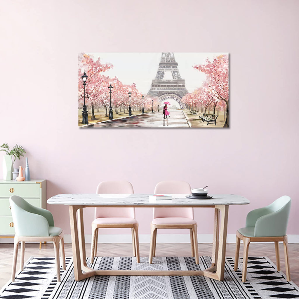Pink Canvas Wall - Paris Eiffel Tower Couple on Sakura Blossoming Street Scenery - Pink Theme Wall Decor - 30"x60"