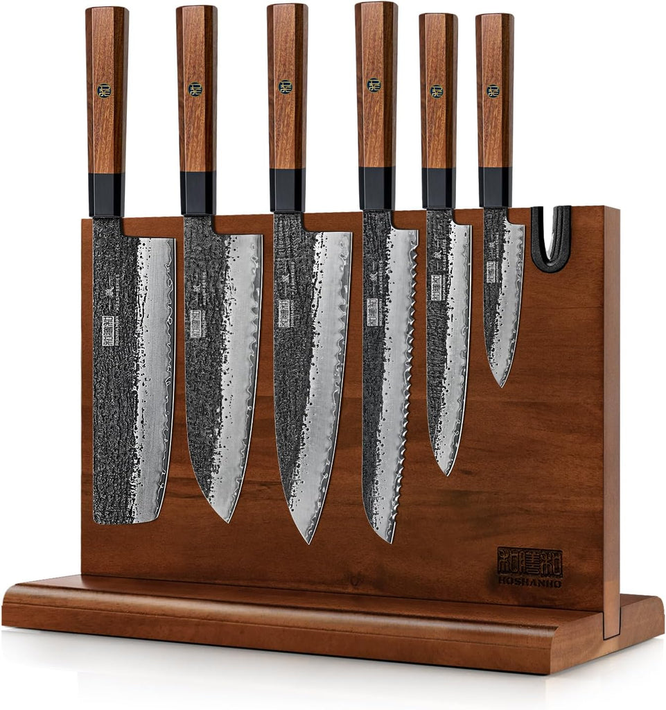 7 Pcs Knife Set with Magnetic Knife Block, Ultra Sharp Knife Set | Hand Forged 9 Layers 10CR15MOV High Carbon Steel