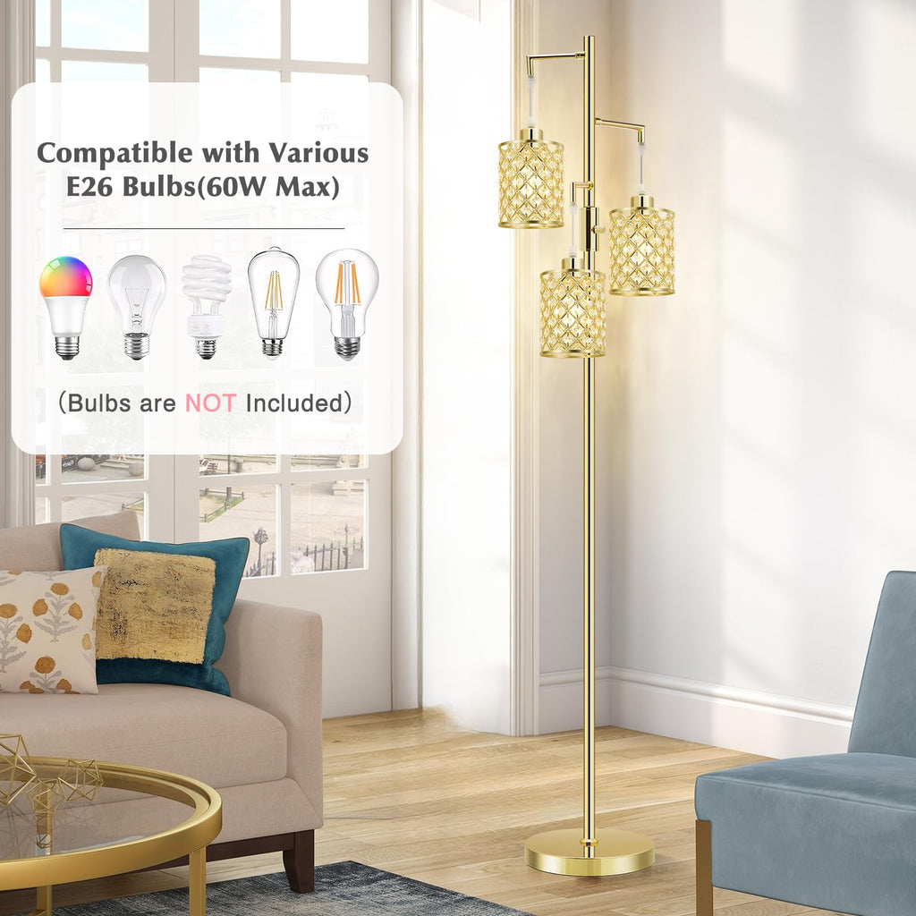 Morden Gold Crystal Floor Lamps, 3-Light Standing Tall Lamp with Elegant K9 Crystal Shade & Rotary Switch, Modern