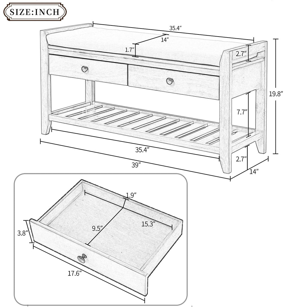 Farmhouse Wood Shoe Bench with Storage and Seat Cushion Entryway Bench with Shoe Shelf and Drawers White