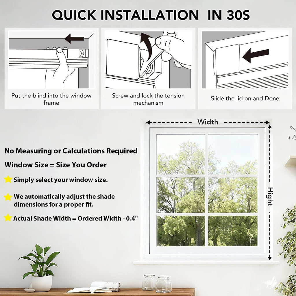 No Drill Cordless Cellular Shades, Green, Honeycomb Blinds for Indoor Windows, Blackout, Easy Install, Shades