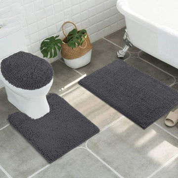 Standard 3pc Set Chenille Bath Mats, Includes 21"x24" U-Shaped Contour Toilet Rug, 21"x34" Inches Bathmat and 1