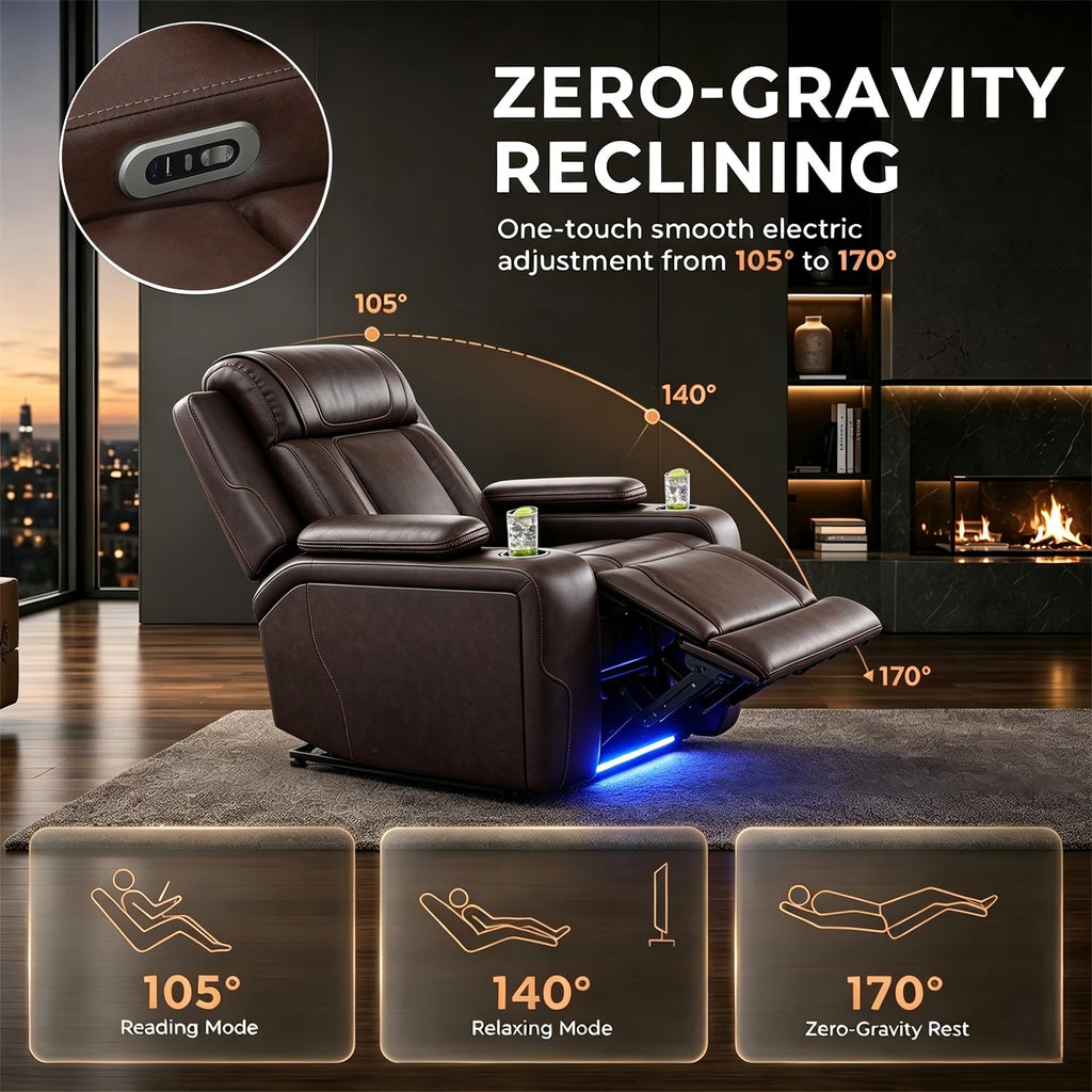 Leather Power Recliner Sofa Set with Bass Speaker/LED(Brown, 3PCS)
