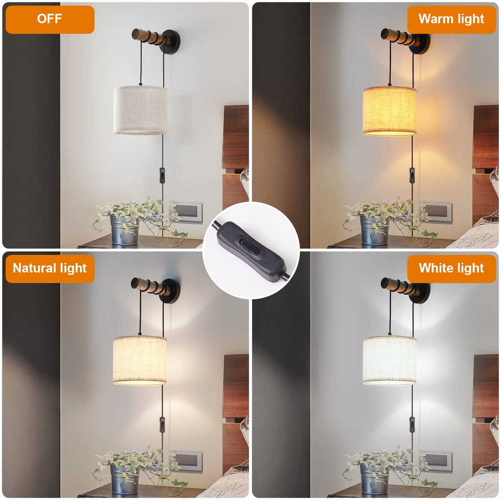 Wall Sconces Set of Two, Plug in Sconces Wall Lighting with Fabric Shade, Farmhouse Wall Lamps with Plug in Cord