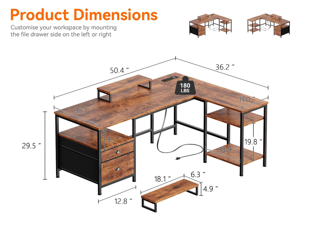 50 Inch L Shaped Computer Desk with Power Outlet, Rustic Brown