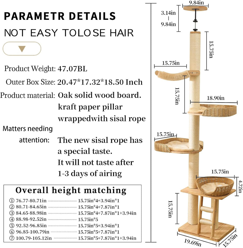 Floor to Ceiling Cat Tree, 77-105 in Corner Tower for Indoor Cats