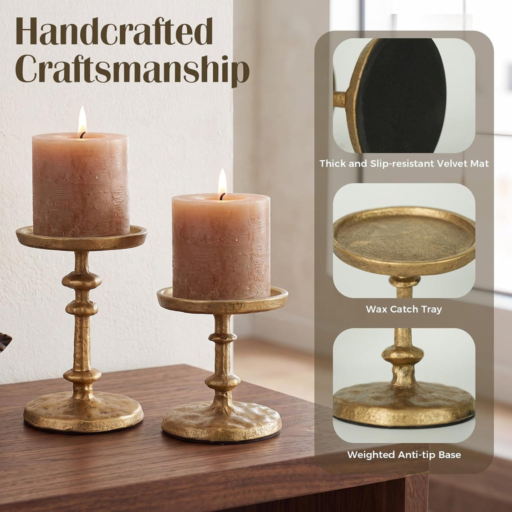 Gold Cast Iron Pillar Candle Holders Set of 2 Farmhouse Candlesticks | Fireplace Mantel, Dinning Table Centerpieces