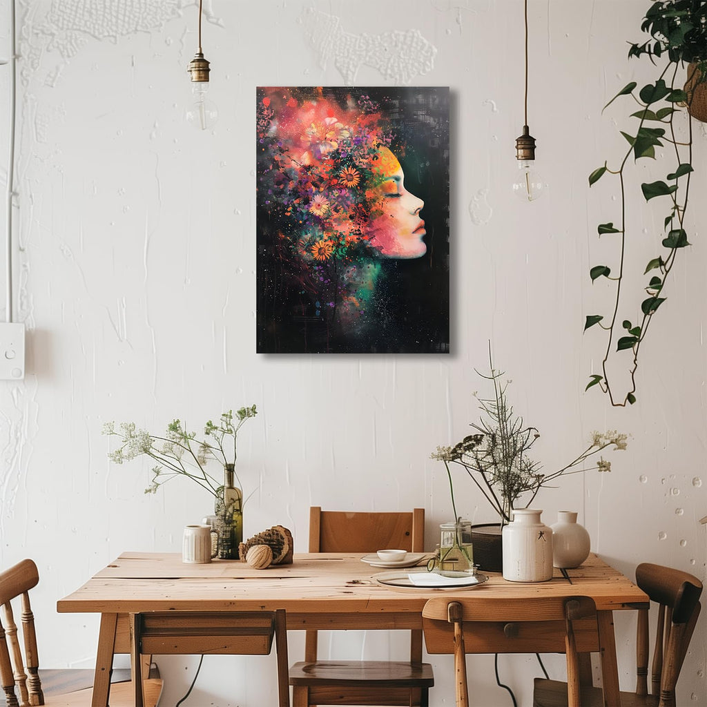 Framed Canvas Wall Art: Beautiful Woman With Colorful Flowers, Abstract Figure Canvas Decorative Painting, 16x24 Inch