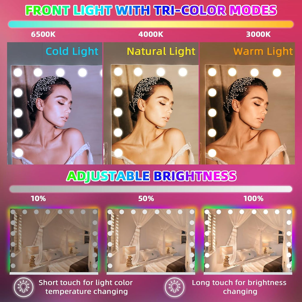 32" x 23" Hollywood Vanity Mirror with RGB Backlight and 18 Dimmable LED Bulbs, Color-Changing Lighted Makeup Mirror