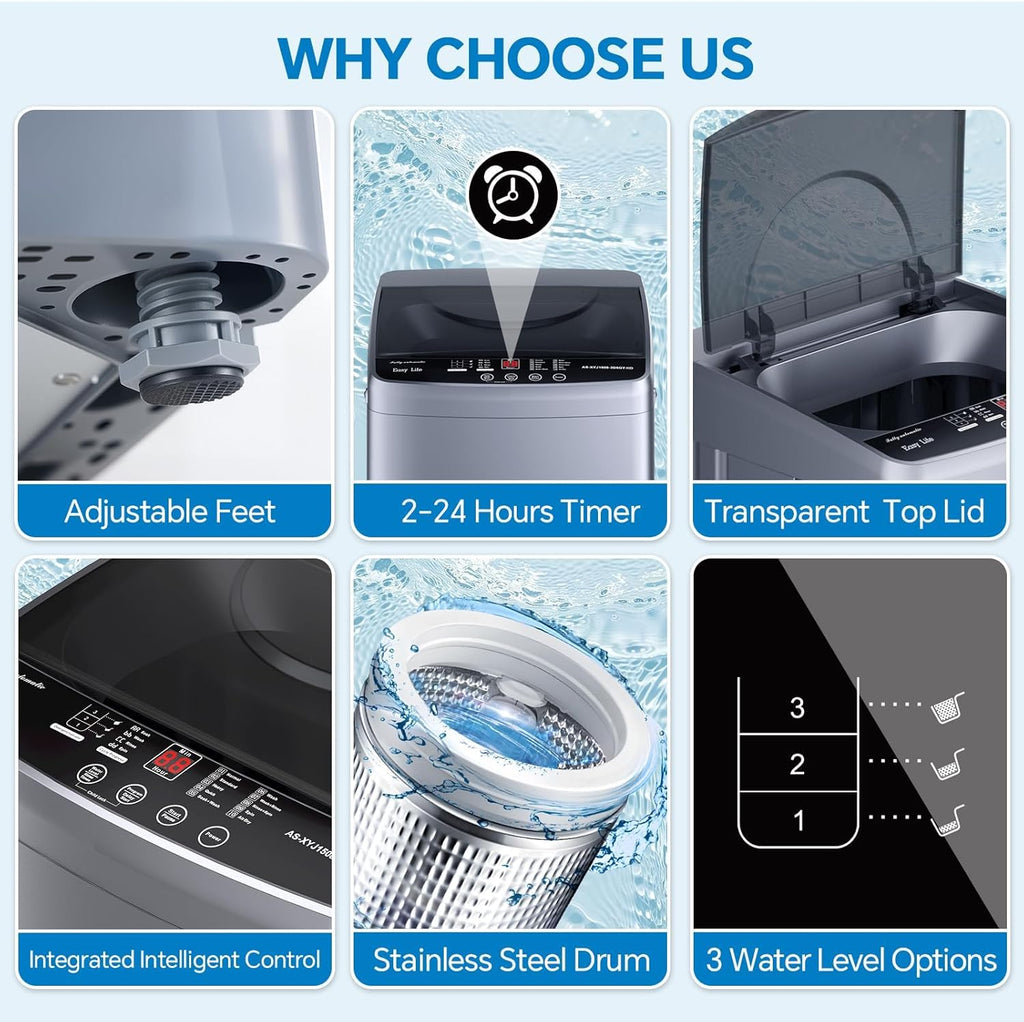 Portable Washing Machine, 7.7LBS Full-Automatic, 10 Wash Cycles, Stainless Steel Drum, Quiet Compact Washer for