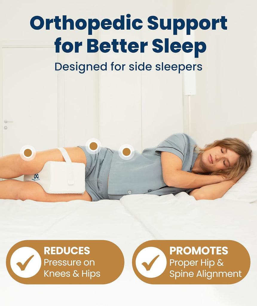Memory Foam Knee Pillow for Side Sleepers - Sciatica Pain Relief Pillow, Removable Strap Support - Leg Pillows for