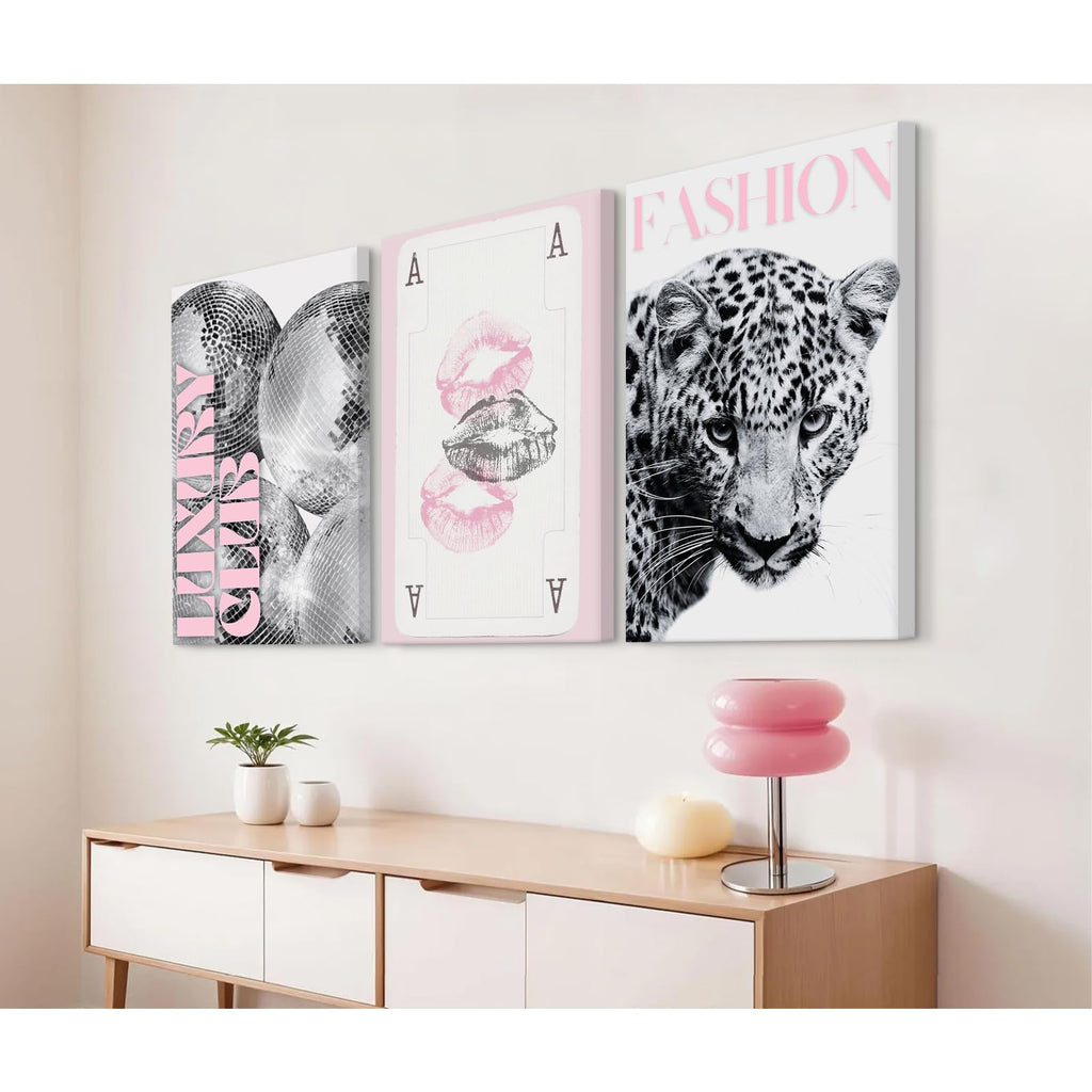 Pink Leopard Trendy Wall Art Cheetah Black White Canvas Wall Decor Fashion Preppy Posters Aesthetic Disco Ball