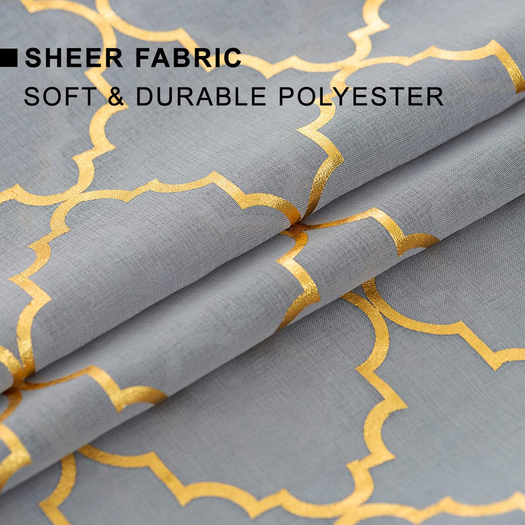 Grey Sheer Curtains with Gold Moroccan Tile 52x84 Inch 2 Panels