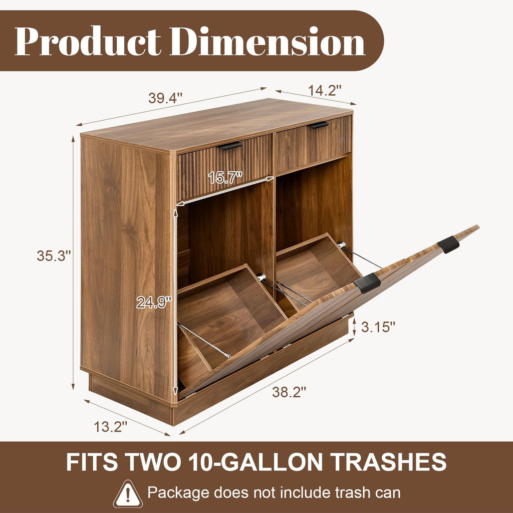 Double Tilt Out Trash Can Cabinet, Hidden Trash Cabinet with Storage Drawers, Walnut Laundry Hamper Cabinet with