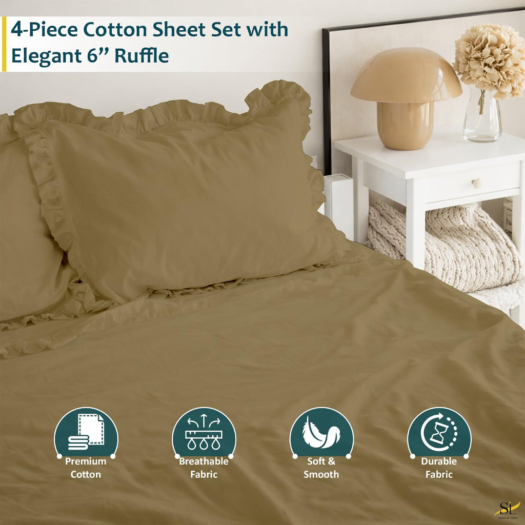 4 Piece Cotton Sheet Set with 6 Inch Ruffle, Soft Breathable Bed Sheets, Smooth Durable Bedding Set