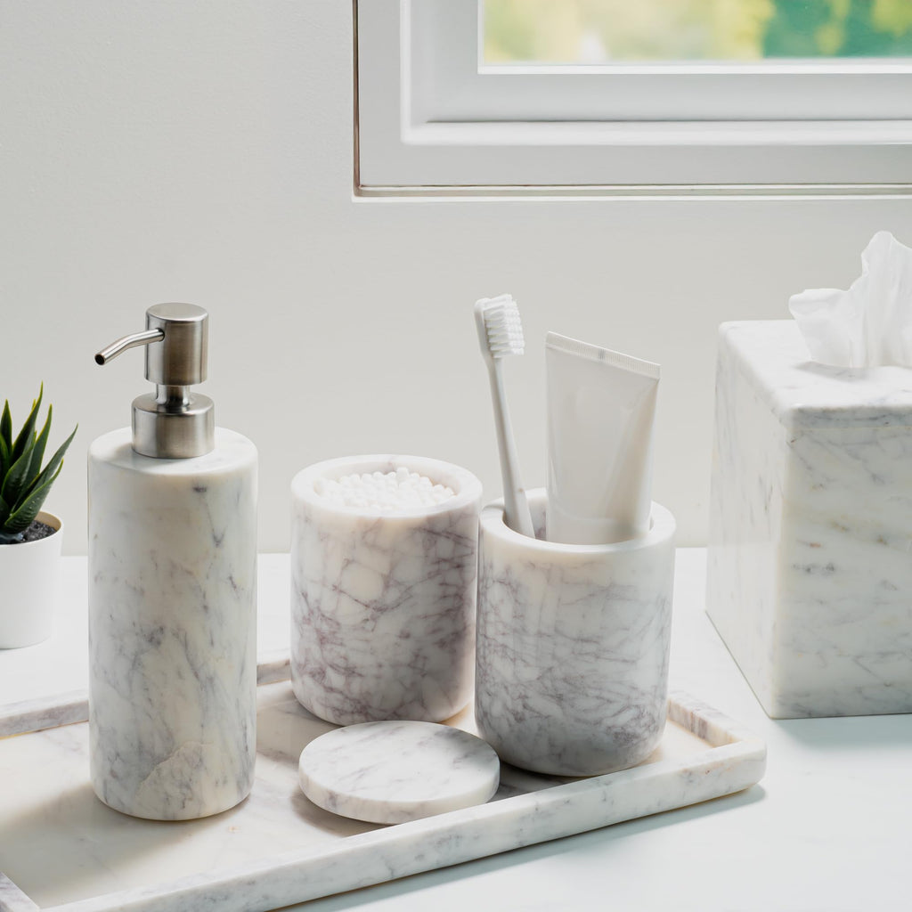 Marble Bathroom Canister with Lid for Qtips and Swabs