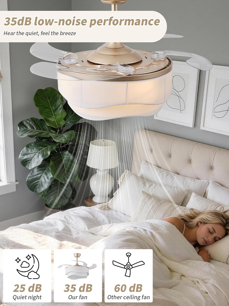 42" Gold Retractable Ceiling Fan with Light, Boho Fandelier Ceiling Fans Remote Control, Caged Chandelier with Fans