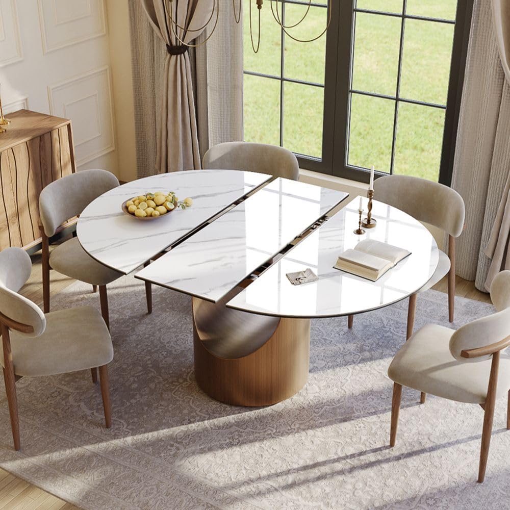 Modern Extendable Dining Table for 4-6, 47" to 63" Round to Oval Sintered Stone Kitchen Table with Carbon Steel Base