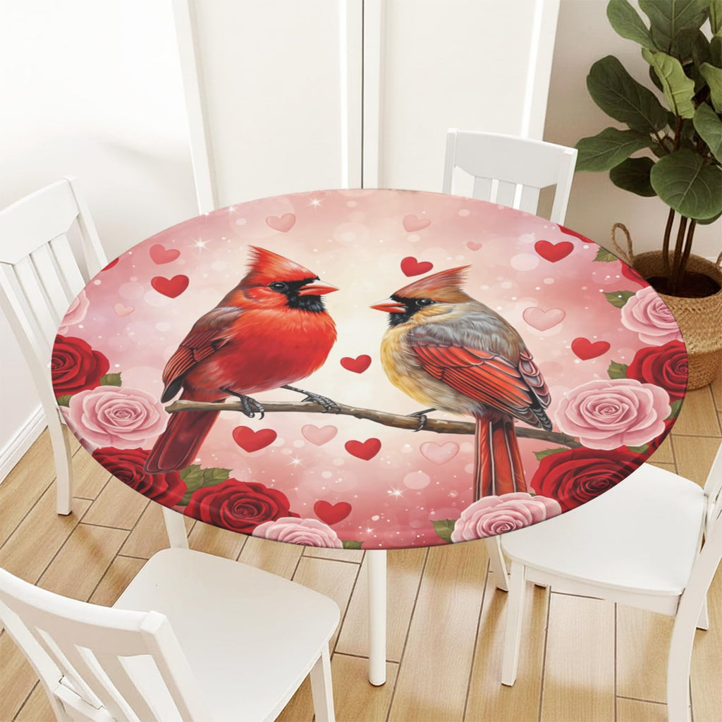 Valentines Day Round Fitted Tablecloth with Elastic Cardinal Bird Heart Circle Table Cloth for 48-52" Tables Wipeable