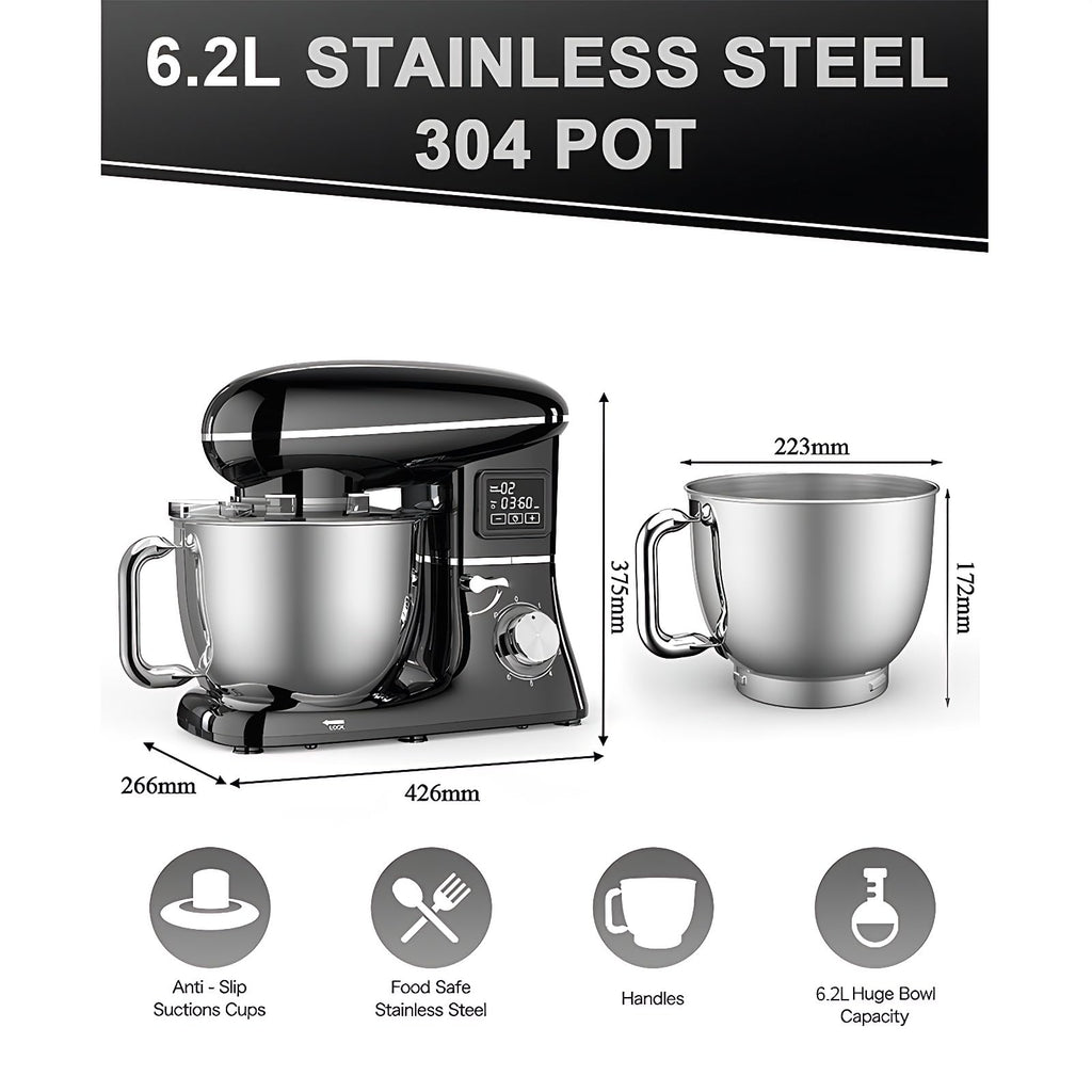Electric Stand Mixer with LED Display & Timer 6.5QT Bowl Stainless Steel, 1350W 6-Speeds Kitchen Stand Up Mixer for