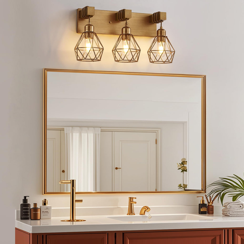 3 Light Bathroom Vanity Light, Farmhouse Gold Fixture Over Mirror