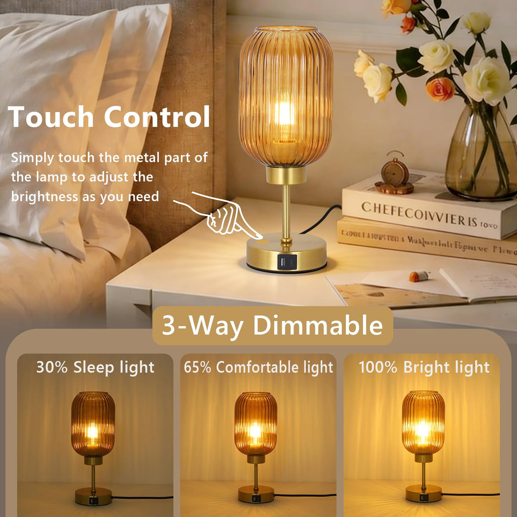 Vintage Gold Touch Table Lamp, Small Desk Lamp with Amber Glass Shade, Bulb, Charging Port, Mid Century Modern