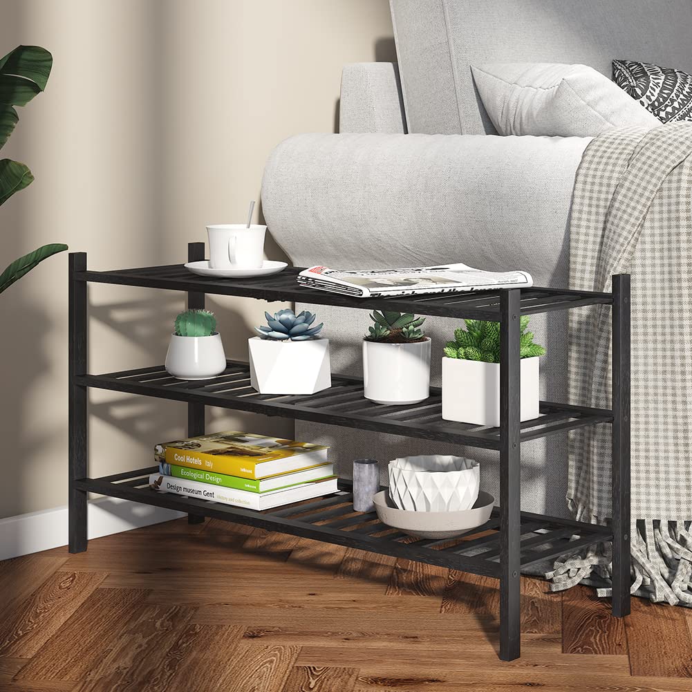 Long Shoe Rack, Bamboo Stackable Shoe Shelf Storage Organizer, Shoe Stand for Closet, Entryway and Hallway (Black