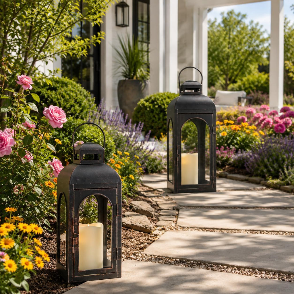 Lanterns Decorative Indoor,Set of 2 Outdoor Lanterns for Porch, 20" Metal Frame Candle Holders Hanging Lights