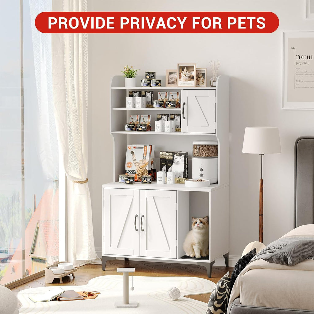 Cat Litter Box Enclosure with 4 Shelves and Storage Cabinet, 51.1 inch Tall Wood Hidden Litter Box Furniture